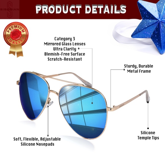 SIBERIAN Genuine Glass lenses BLUE Flash Premium Aviator Sunglasses Pilot 60mm - Picture 3 of 15